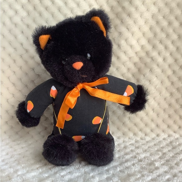 Black Stuffed Cat with Orange Bow and Candy Corn Outfit Halloween Kitty - Picture 1 of 9